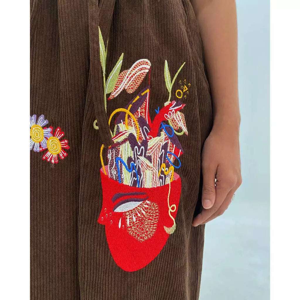 Jumpsuits Women Nara Brown Embroidery Corduroy